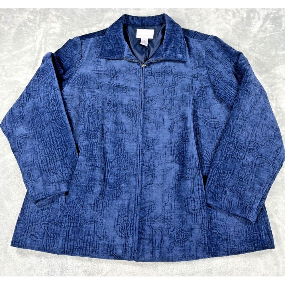 Vintage Susan Graver 1X Royal Blue Floral Tapestry Full Zip Jacket Blazer Y2K